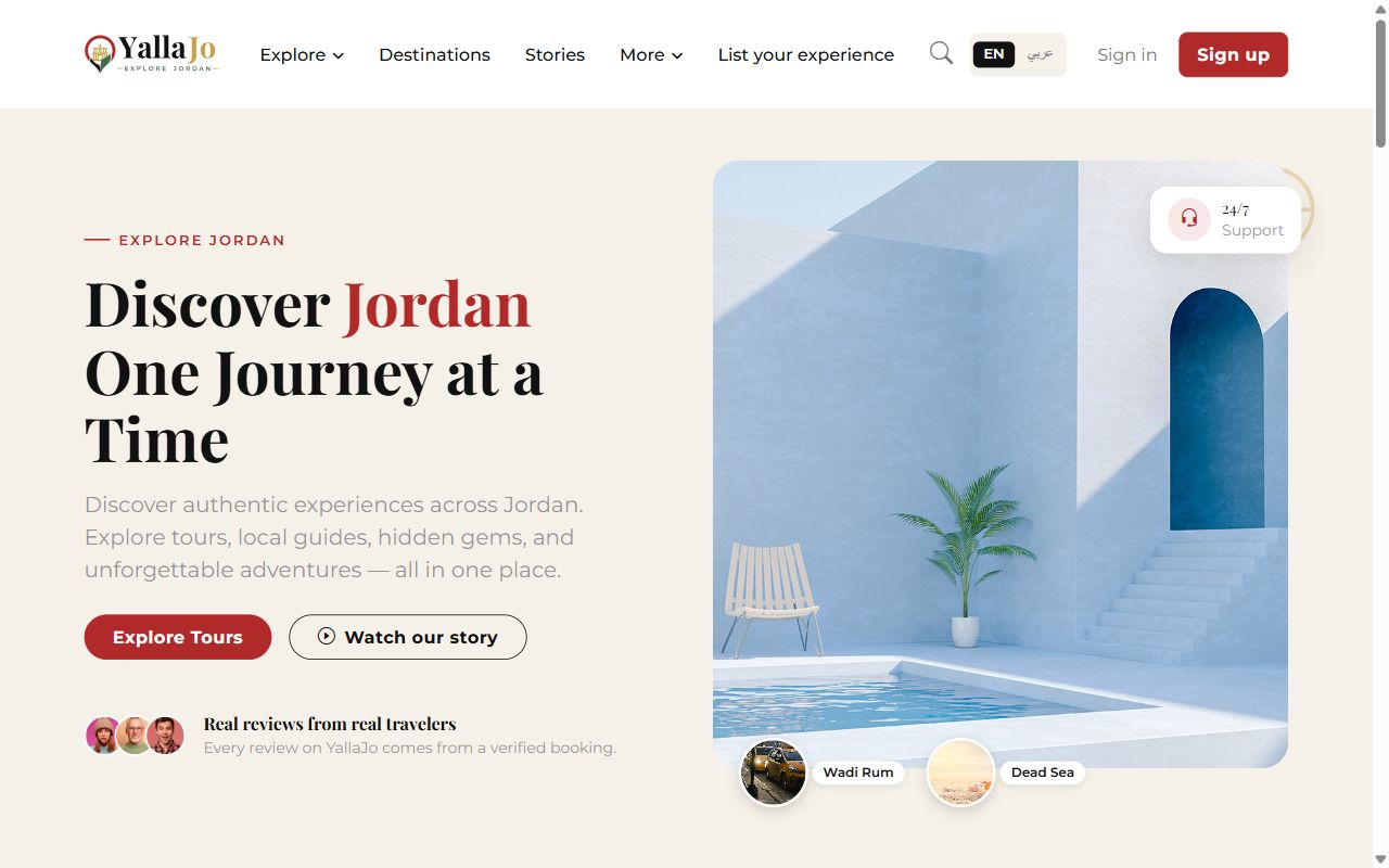 YallaJo home page: "Discover Jordan, one journey at a time" hero with an Explore Tours button